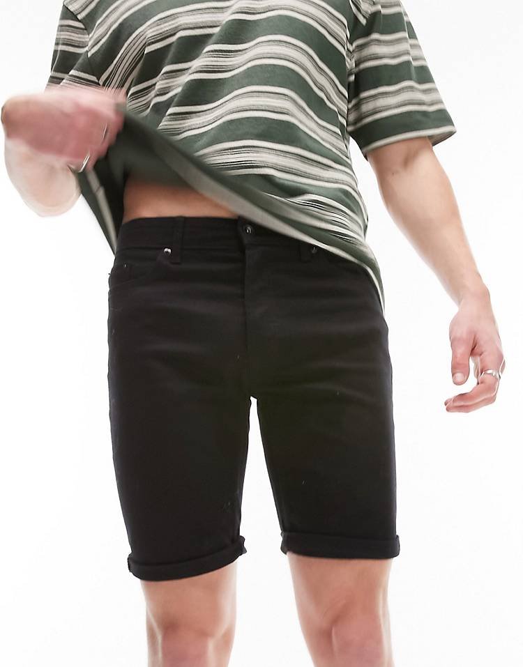 Topman skinny denim shorts in black